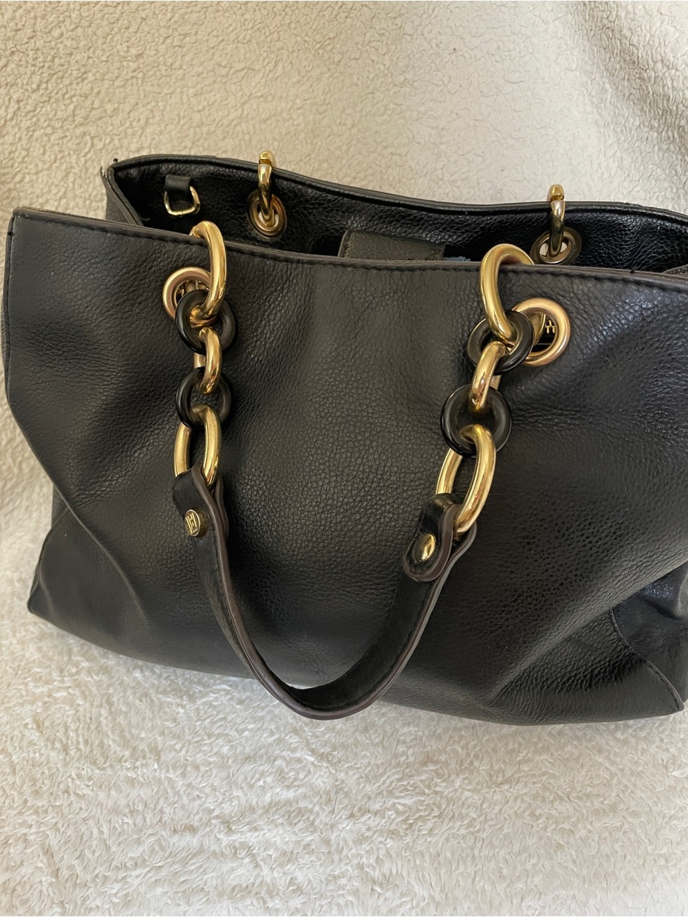 Classic Black Genuine Leather Tote with Gold Chain Accents